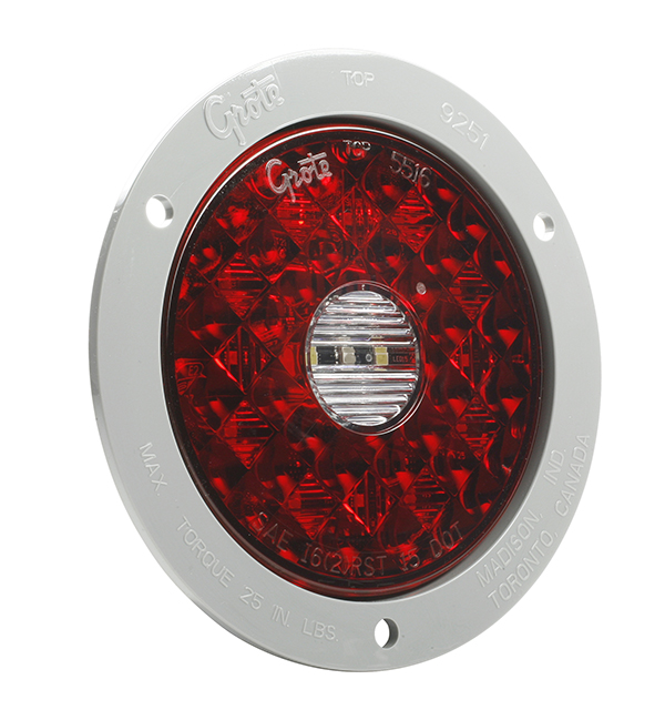 Grote Industries - 55212 – 4″ Round LED Stop Tail Turn Light with Integrated Back-Up, Gray Polycarbonate Flange, Hard Shell Termination