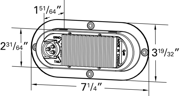 Grote product drawing - oval led stop tail turn light with stainless steel theft resistant flange