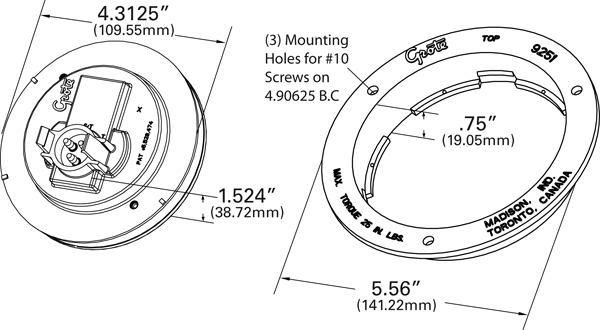 Grote product drawing - 4" Round LED Stop Tail Turn Light with male pin and stainless steel flange