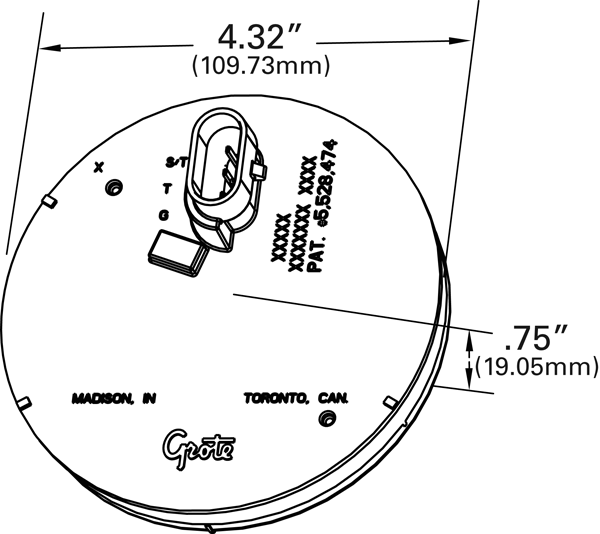 Grote product drawing - SuperNova® 4" Full-Pattern LED Stop/Tail/Turn Light, Grommet Mount