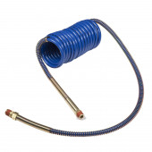 blue coiled air hose with brass handle