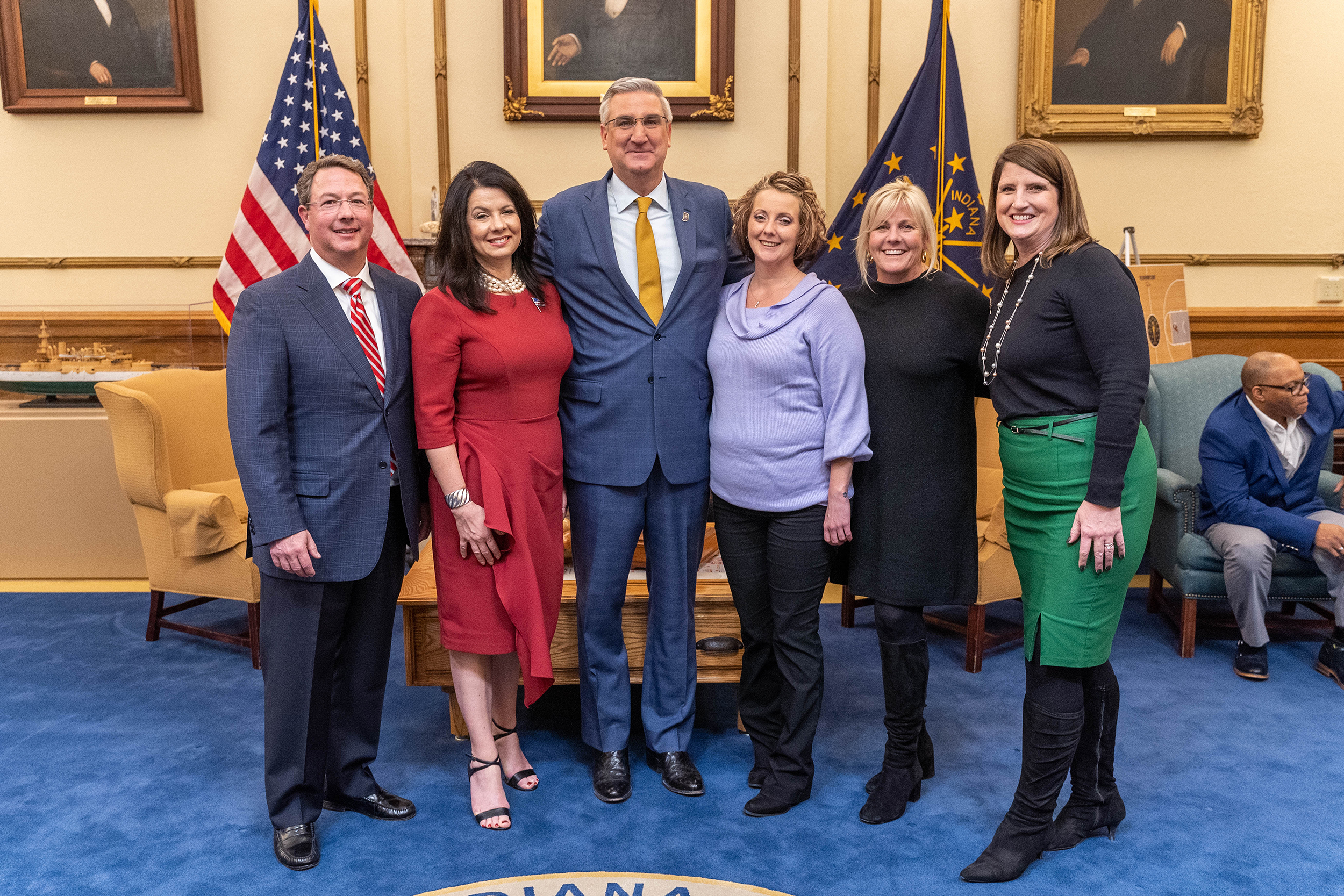 Dominic Grote, Indiana First Lady Janet Holcomb, Governor Eric Holcomb, Amber Campbell, Patti Grote, Paula Clark