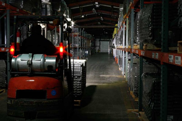 Grote LED lights on a towmotor in a warehouse