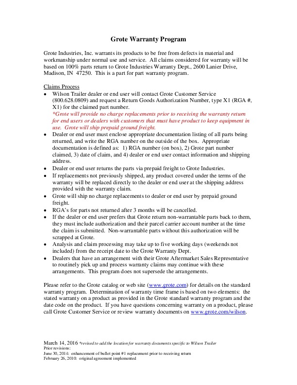 Grote Warranty Program -- Wilson Trailer --- 03-14-16