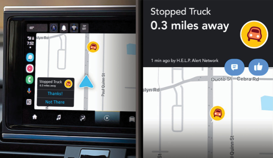 DeliverSAFE alert screens showing stopped truck warnings on Waze navigation