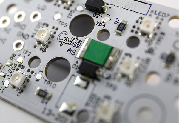 A close up shot with the internal circuit board of a Grote product