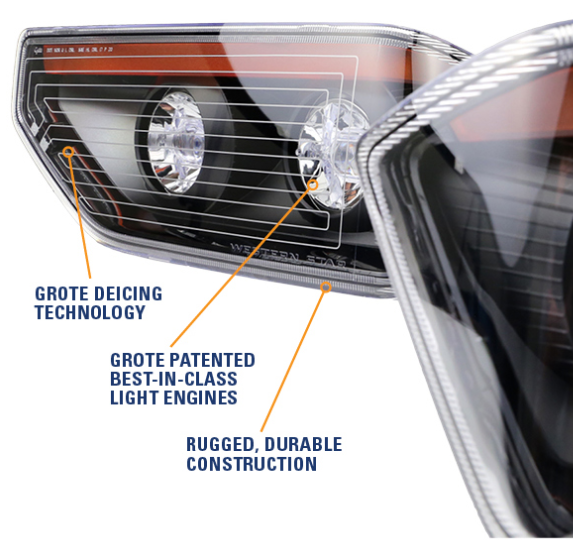 A premium heavy duty headlamp featuring Grote's deicing technology, patented best in class glass with a rugged, durable construction
