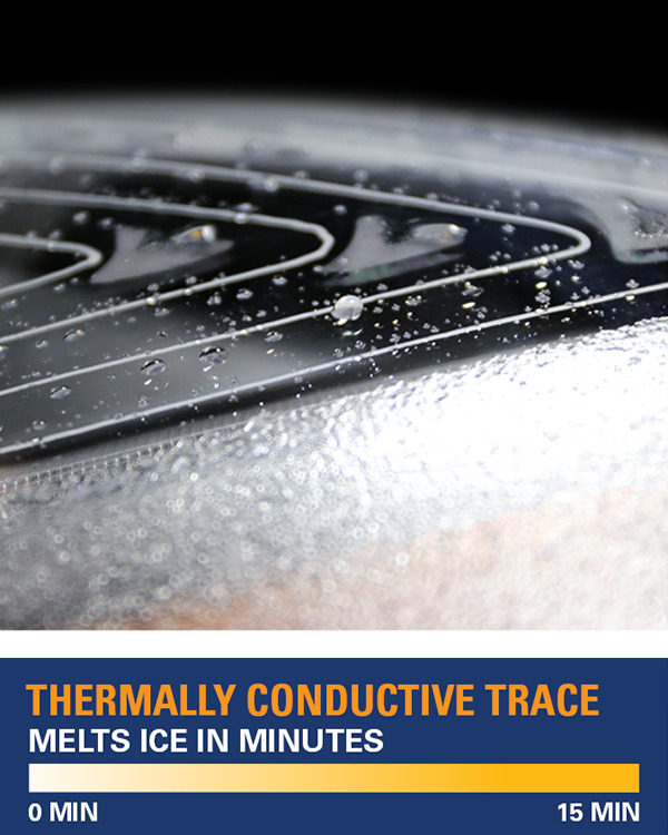 Grote's deicing technology with info graphic saying the thermally conductive trace melts ice in minutes
