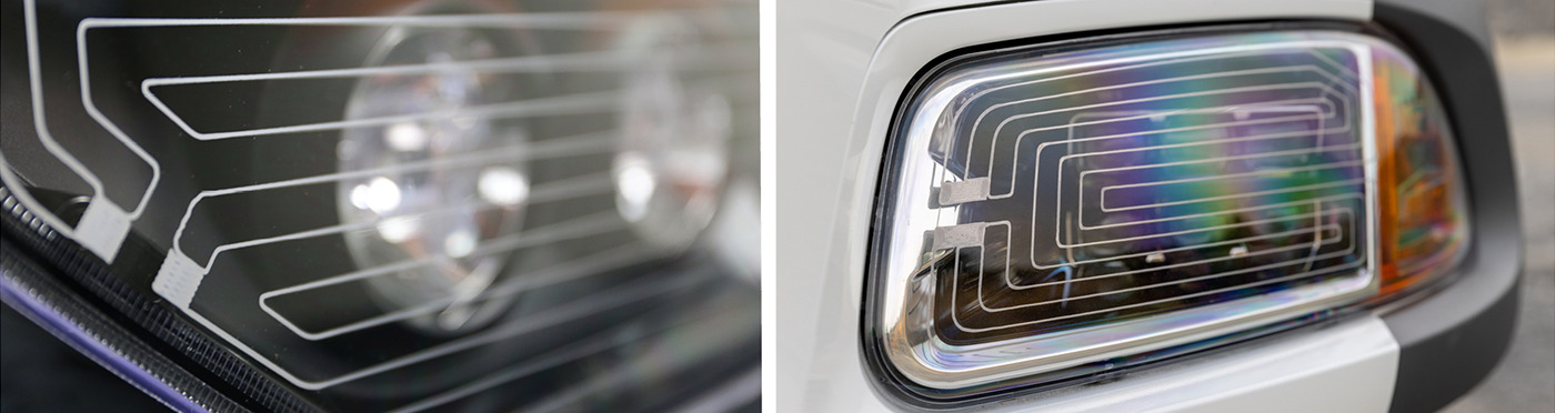 Close-up images which showcase two of Grote's modern LED fitted headlamps on heavy duty applications