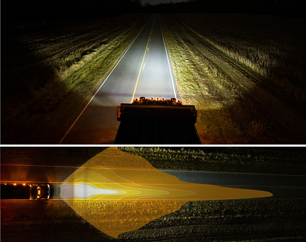 Headlamp beams with the flood pattern and range of light hitting the road area