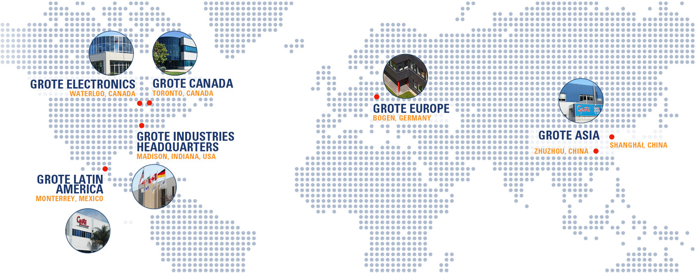 A global map featuring the locations of all Grote's manufacturing facilities in the USA, Canada, Mexico, Germany and China
