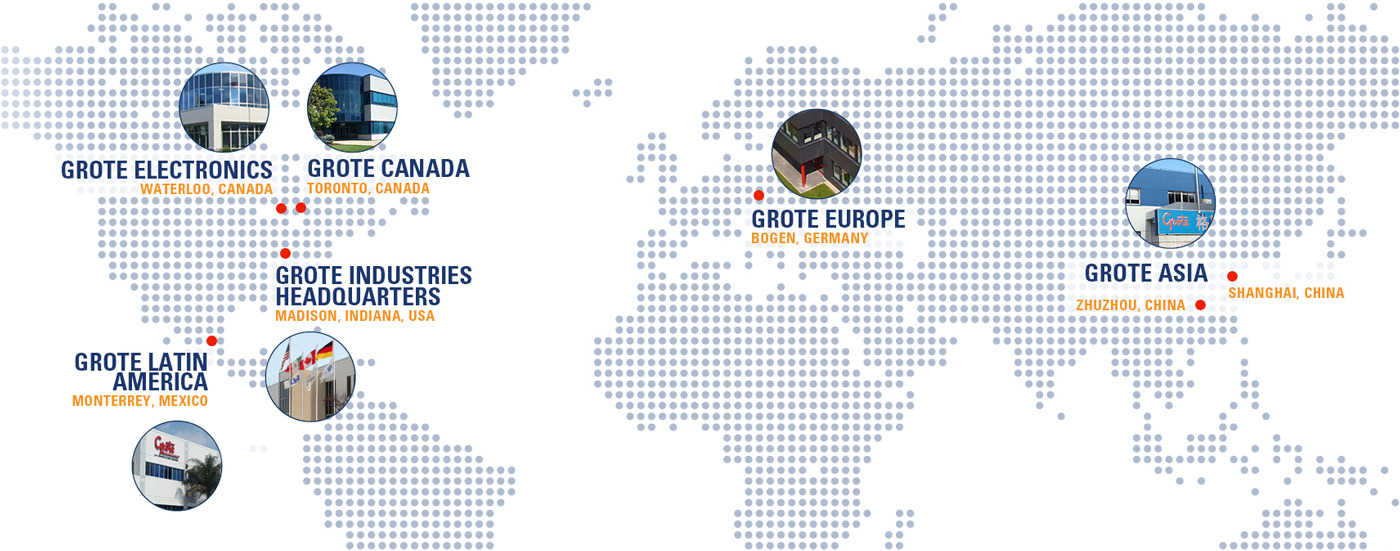 A global map featuring the locations of all Grote's manufacturing facilities in the USA, Canadá, México, Germany and China