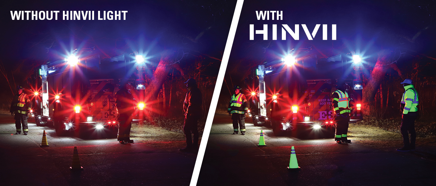 Road workers late at night with and without HINVII high visibilty illumination
