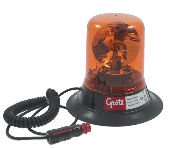 Grote Industries - 76053 – Belt Drive Rotating Beacon, Magnetic Mount w/ 15′ Switched Lighter Plug Cord, Yellow